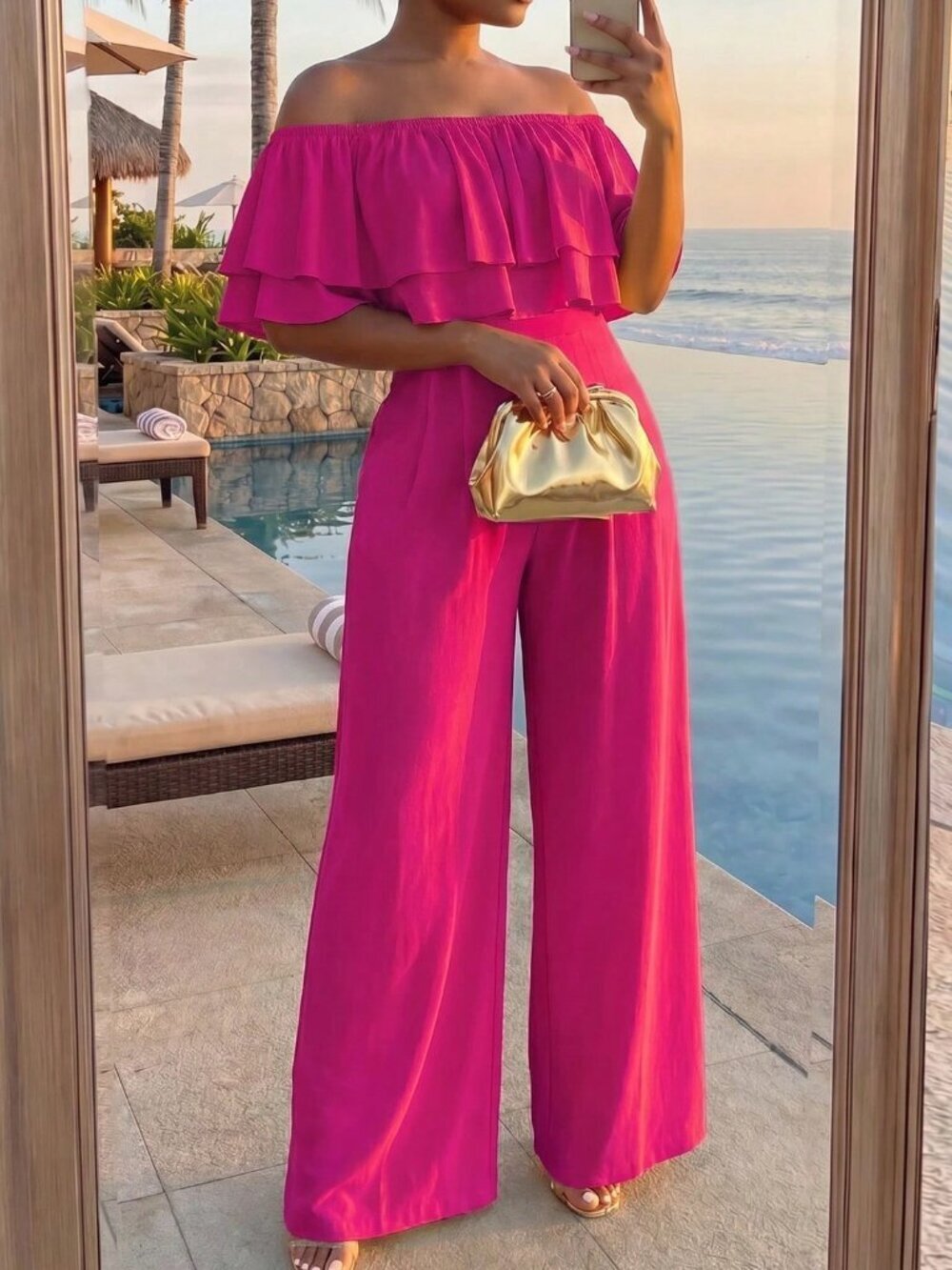 Hot Pink Casual Women's Plus Size Ruffle Off Shoulder Top & Wide Leg Pants Set